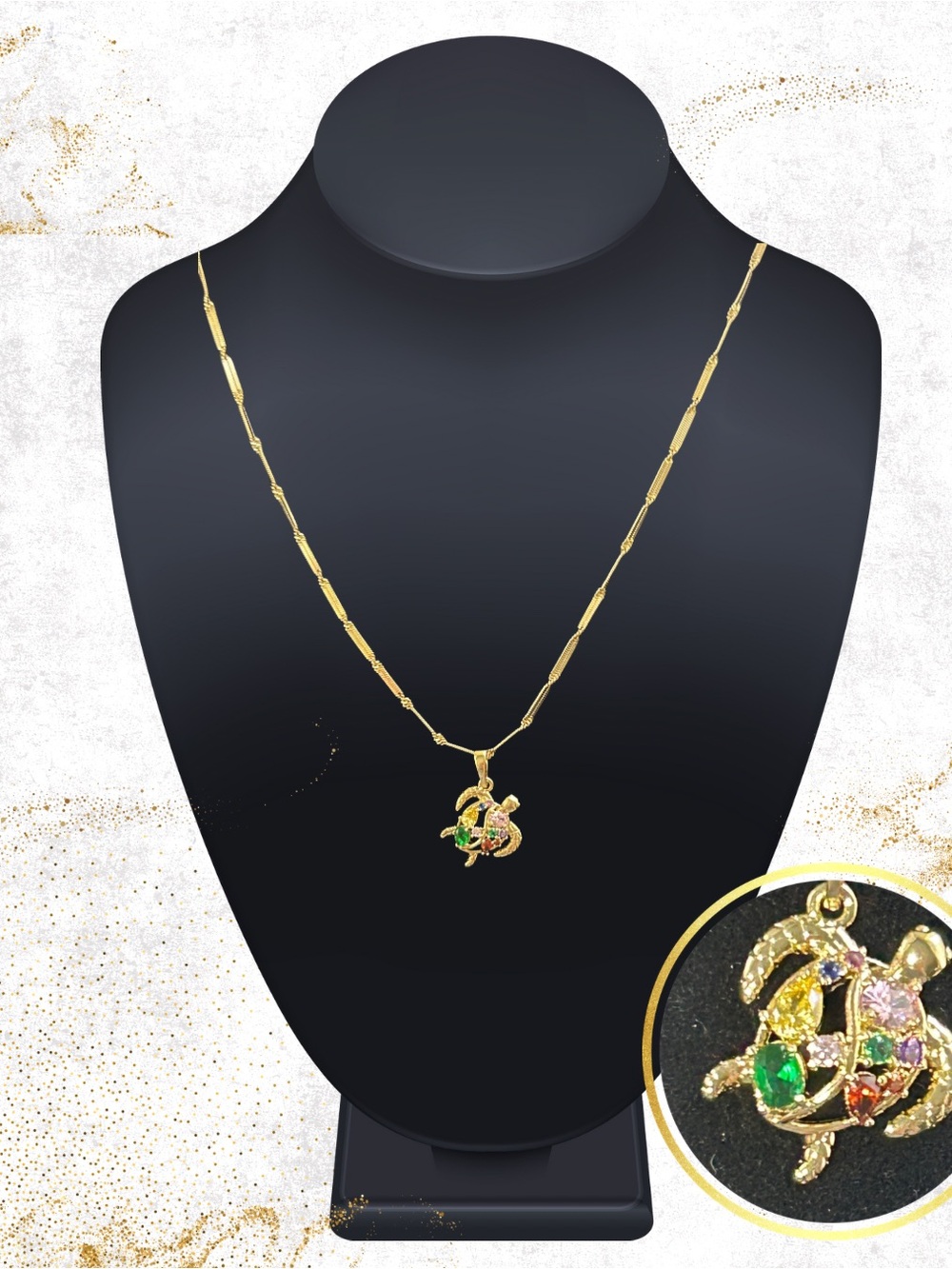 Gold Turtle Pendant Necklace with Multi-Color Gem Accents Gold Laminated